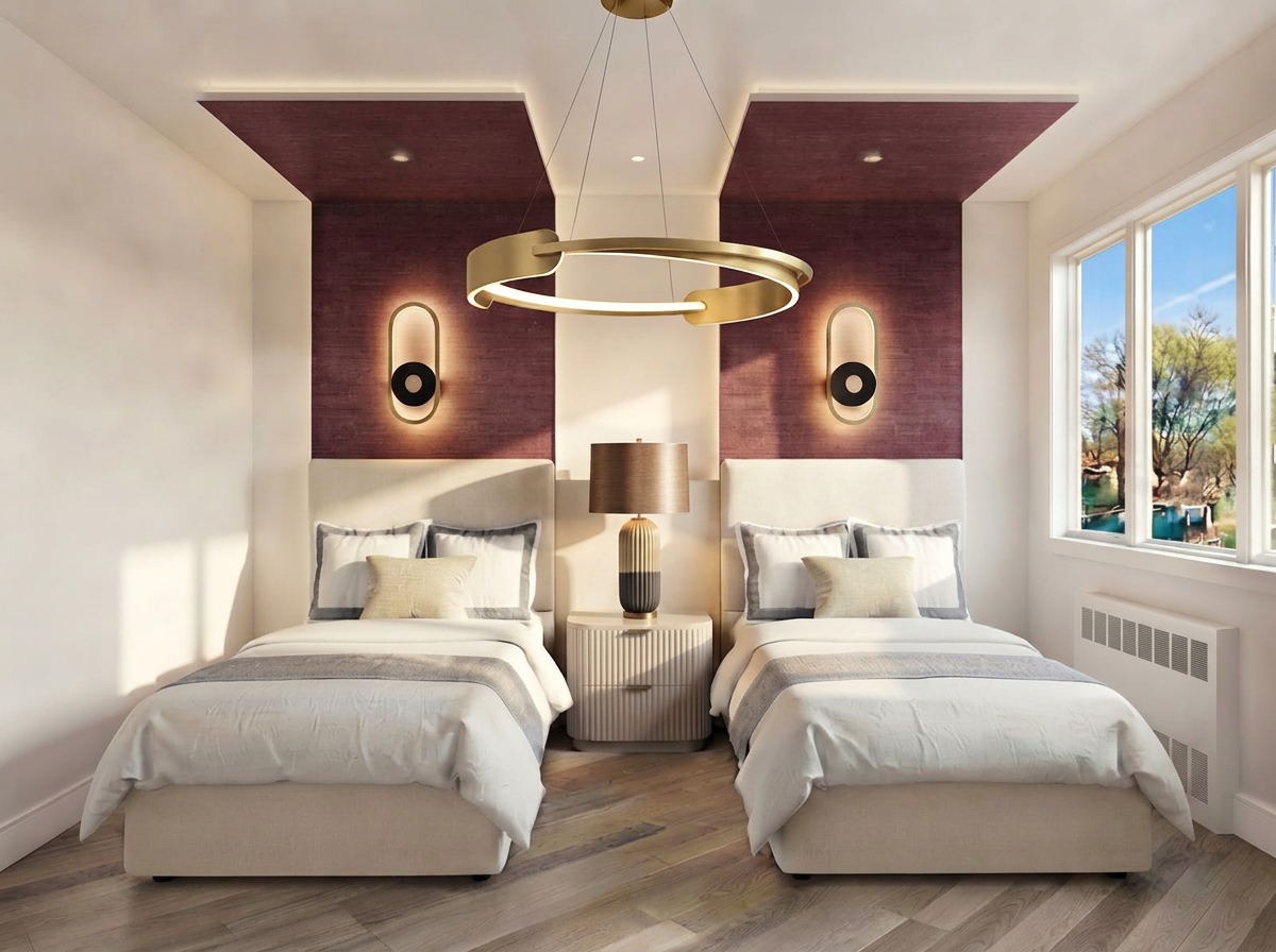Styled guest bedroom with plum grasscloth panels and brass halo pendant