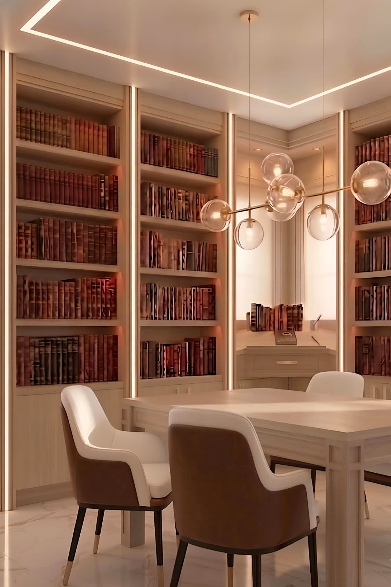 Deer Interiors library and study with limed-oak bookcases and a recessed corner desk