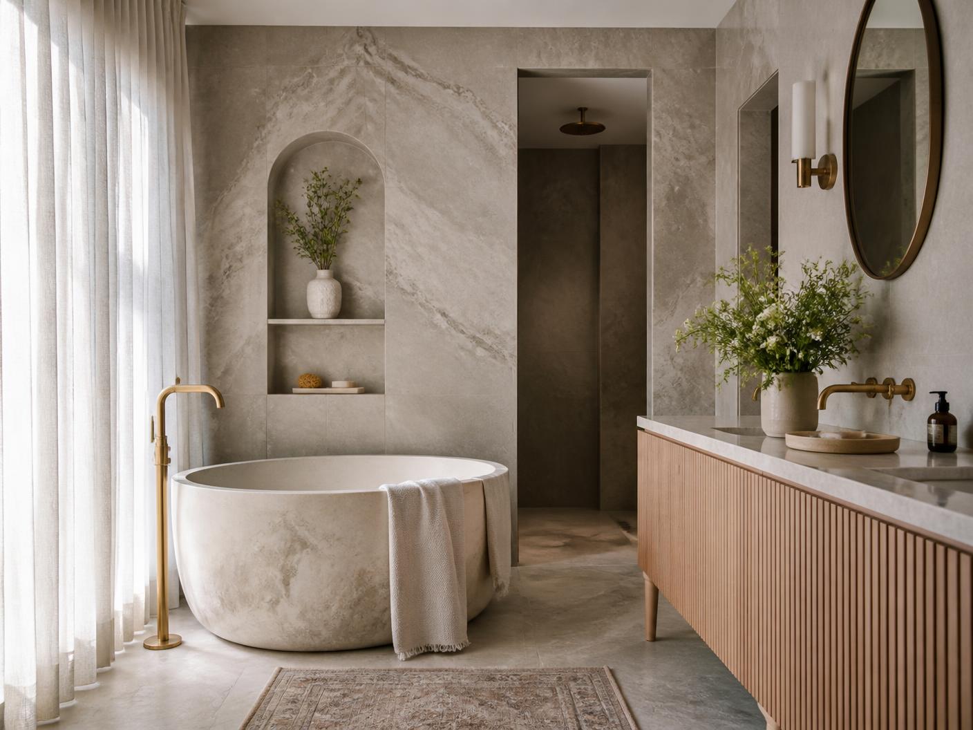 Stone Primary Bath — residential interior in Scarsdale, New York