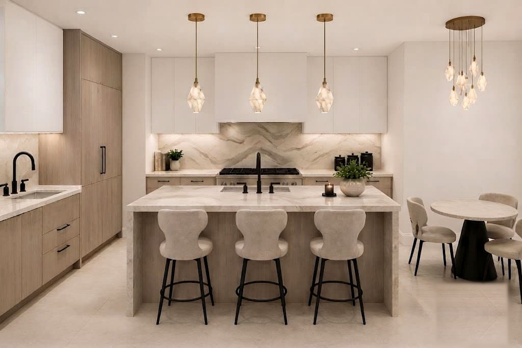 Oak & Marble Kitchen — residential interior in Montclair, New Jersey