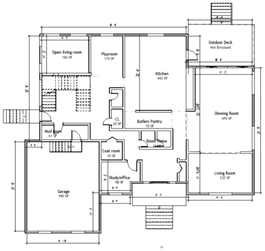 Deer Interiors first floor plan drawing with room square footages and dimensions